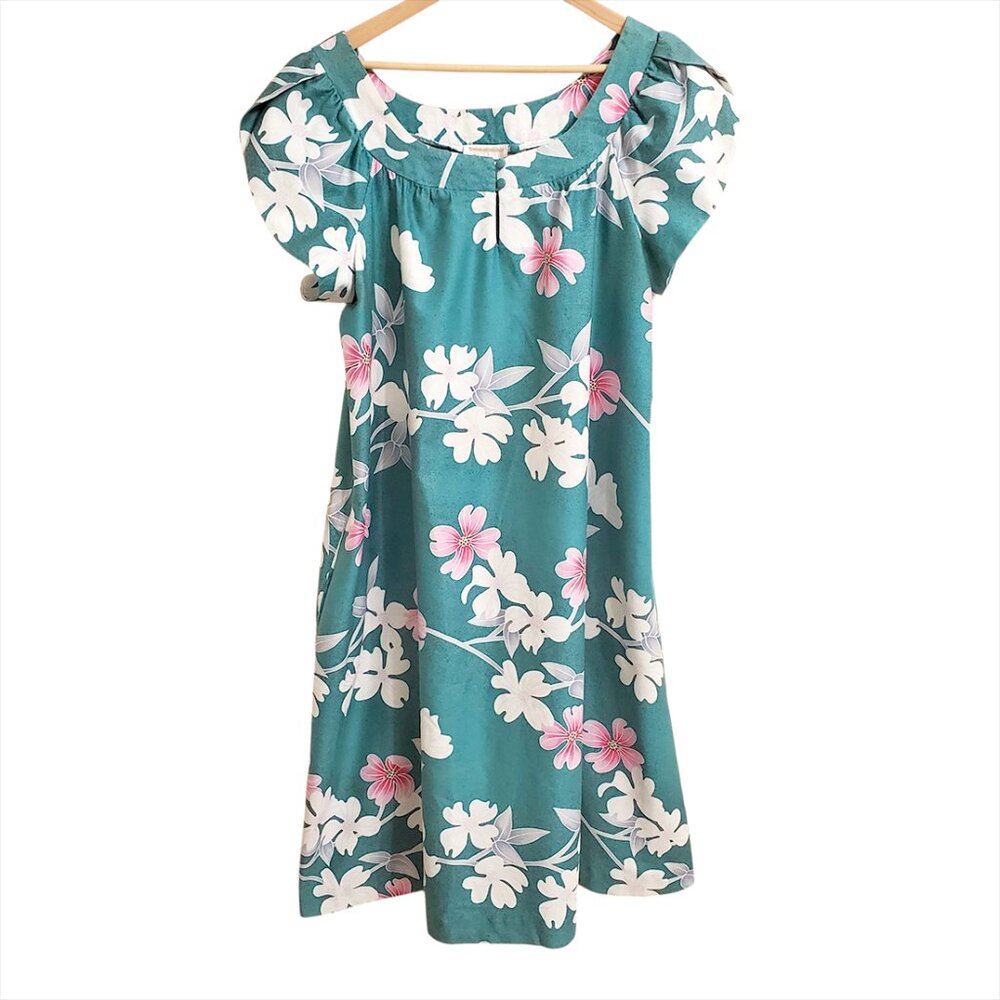 KAHALA by HRH Vintage 80s Hawaiian Midi Dress 20 Tropical Muumuu Split Sleeve